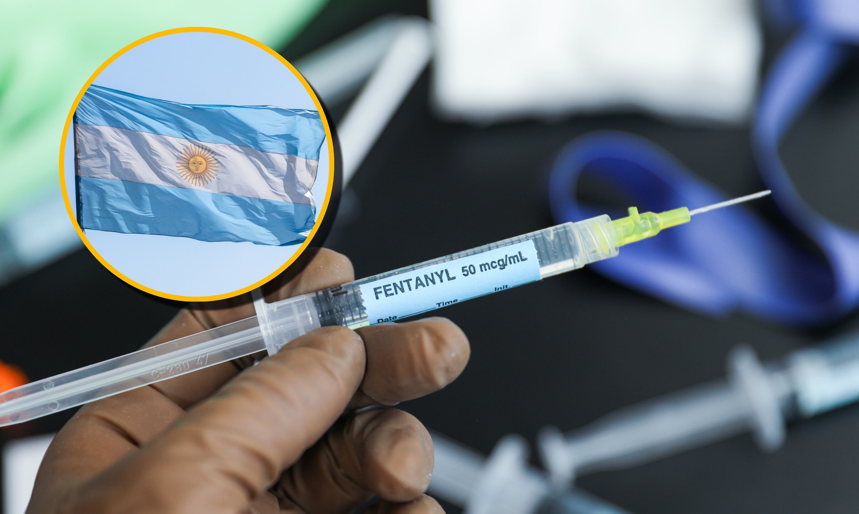 Referencia de crisis sanitaria por fentanilo y bandera de Argentina. Foto: Isaac Lee y Manuel Augusto Moreno vía Getty Images.