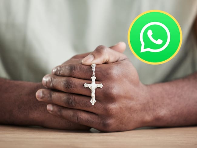 Persona rezando en Semana Santa. En el círculo, logo de WhatsApp (Fotos vía GettyImages y redes sociales)