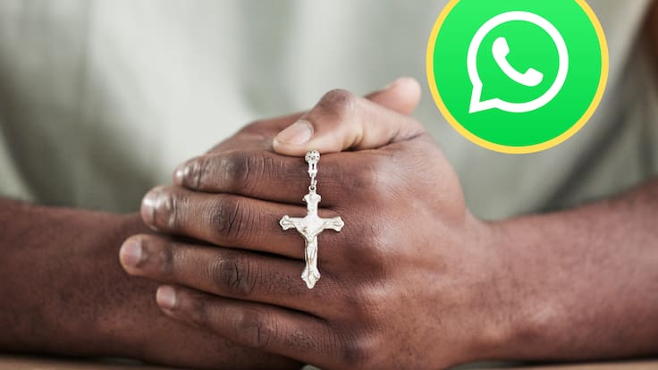 Persona rezando en Semana Santa. En el círculo, logo de WhatsApp (Fotos vía GettyImages y redes sociales)