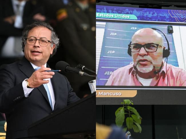 Gustavo Petro, presidente de Colombia (derecha) y Salvatore Mancuso (izquierda) en audencia JEP. Fotos: Getty Images y JEP.