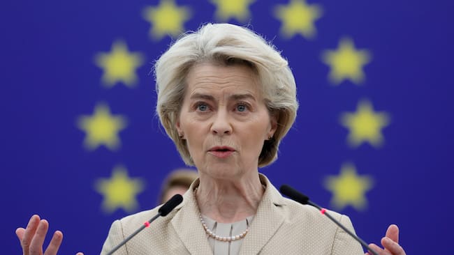 Estrasburgo (Francia), 28/02/2024.- La Presidenta de la Comisión Europea, Ursula von der Leyen, durante el debate sobre Seguridad y Defensa Europeas en el Parlamento Europeo en Estrasburgo, Francia, este miércoles.- EFE/RONALD WITTEK