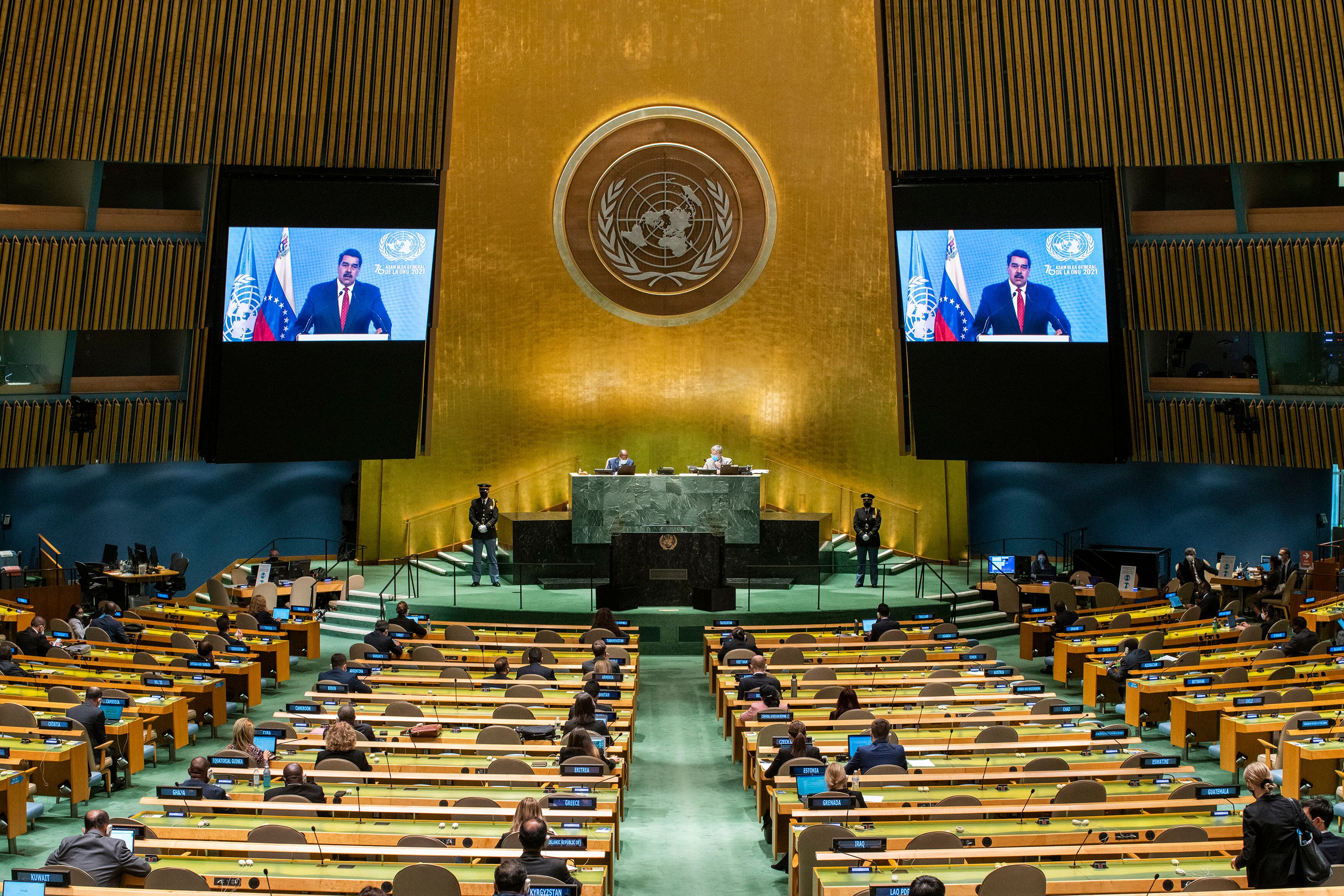 NEW YORK, NEW YORK - SEPTEMBER 22: Venezuela's President Nicolas Maduro addresses via video the United Nations General Assembly on September 22, 2021 in New York City. More than 100 heads of state or government are attending the session in person, although the size of delegations are smaller due to the Covid-19 pandemic. (Photo by Eduardo Munoz - Pool/Getty Images)