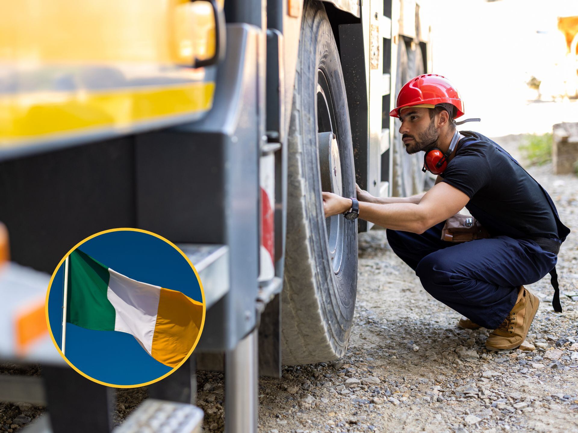 Mecánico revisando un camión. En el círculo, la bandera de Irlanda / Fotos: GettyImages