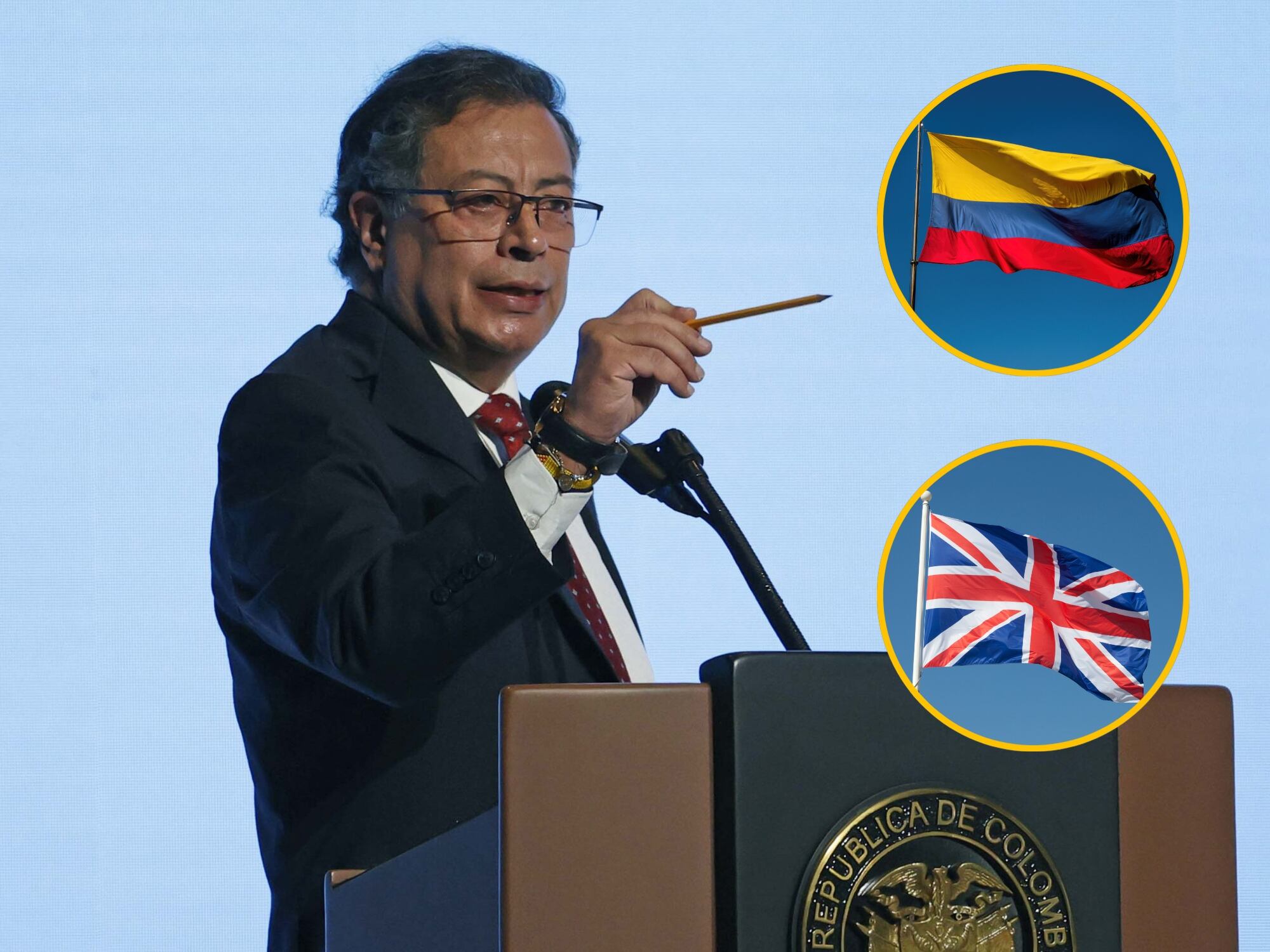 Presidente de Colombia, Gustavo Petro, junto a banderas de Colombia y Reino Unido. Fotos: EFE y Getty Images.