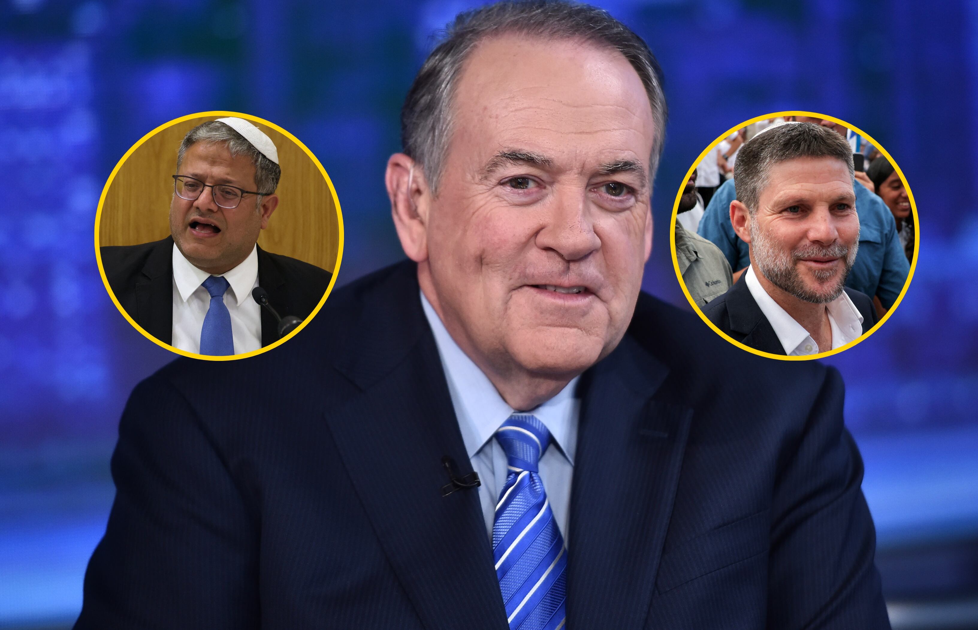 Embajador estadounidense en Israel, Mike Huckabee y ministros del Gobierno israelí, Itamar Ben-Gvir y Bezalel Smotrich. Foto: Steven Ferdman/ MENAHEM KAHANA/ AHMAD GHARABLI vía Getty Images. 