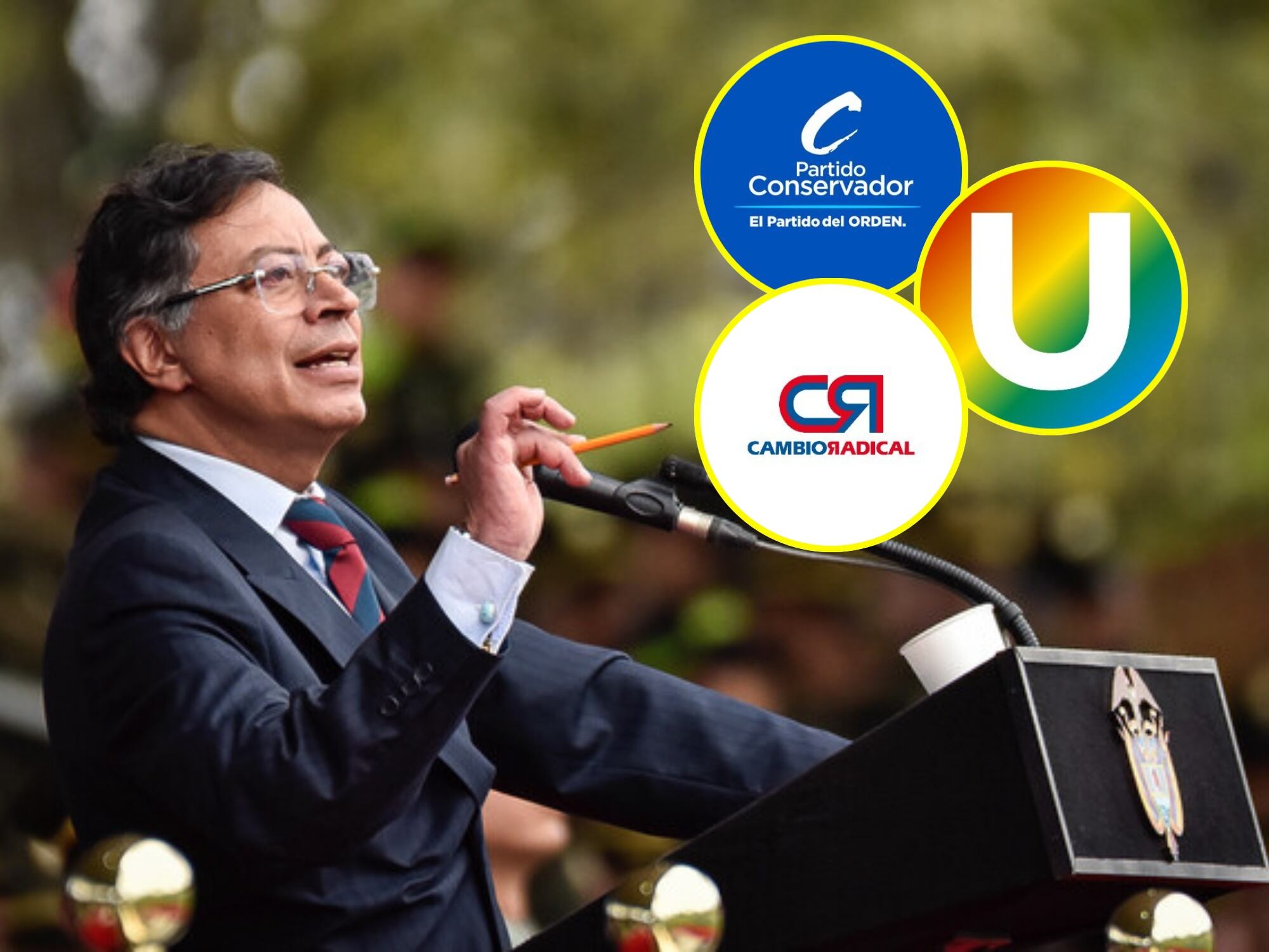 Gustavo Petro y logos de los partidos Conservador, La U y Cambio Radical. Fotos: (Colprensa - Cristian Bayona) / X @soyconservador, @partidodelaucol y @PCambioRadical