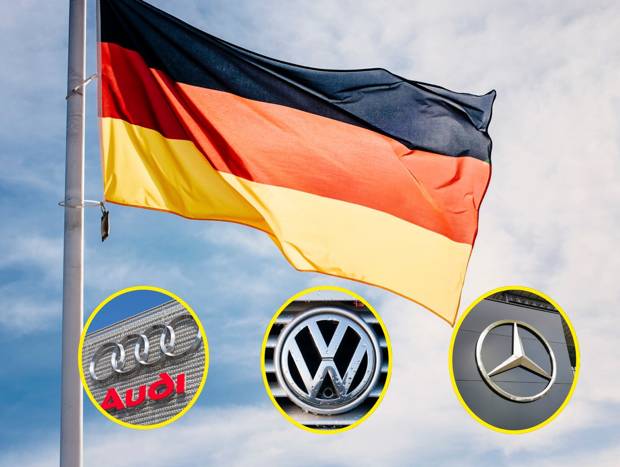 Bandera de Alemania. Logos de: Mercedez-Benz, Audi y Volkswagen. I Fotos. Getty Images
