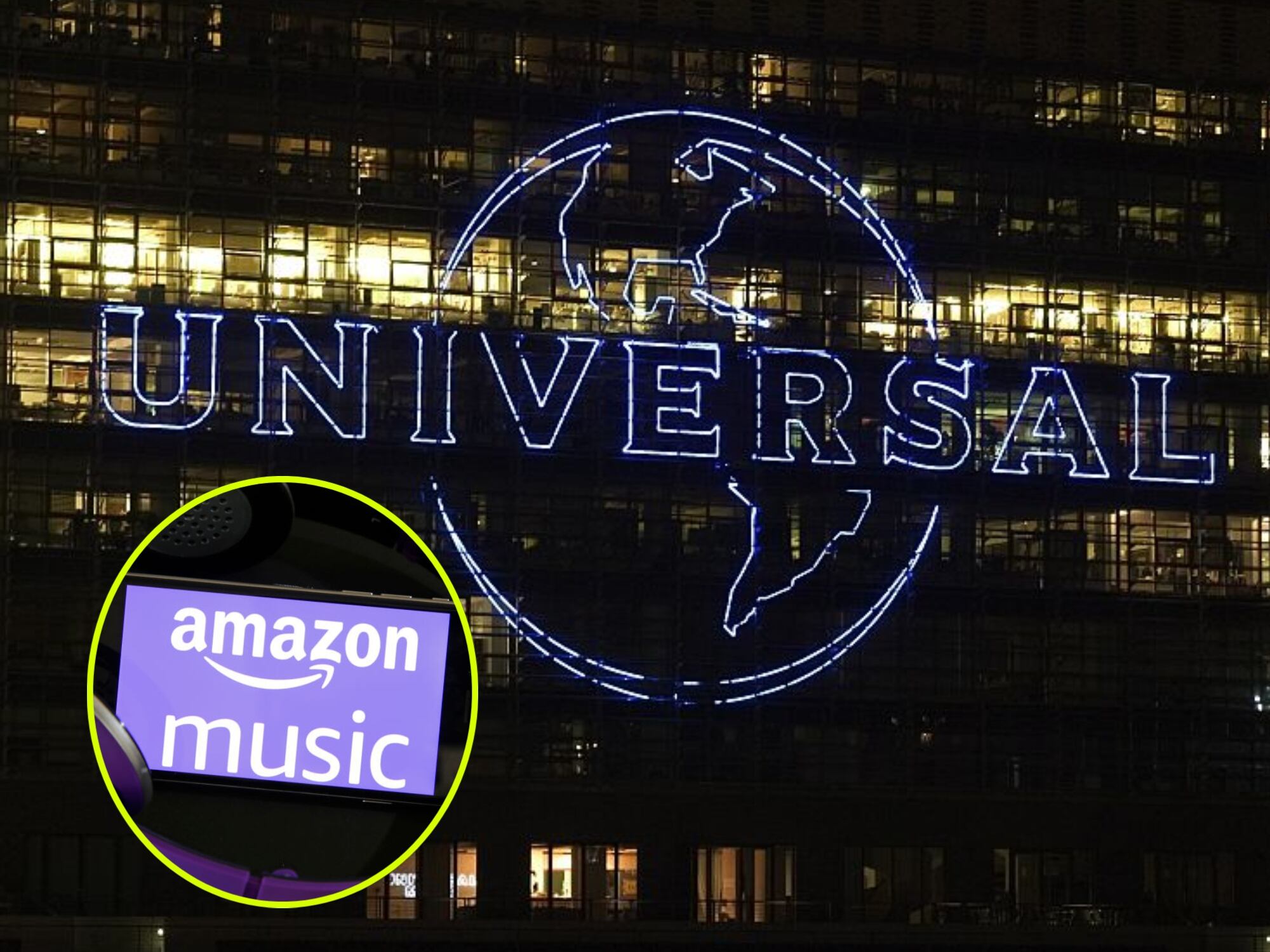 Logo de Universal. I Foto: Kai Bienert/ullstein bild via Getty Images. Logo de Amazon Music. I Foto:  illustration by Chesnot/Getty Images.
