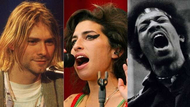 Kurt Cobain, Amy Winehouse y Jimi Hendrix. Foto: Frank Micelotta/Getty Images - CARL DE SOUZA/AFP - Michael Putland/Getty Images