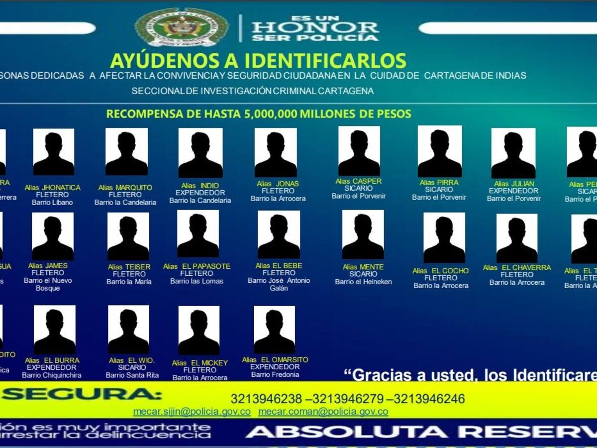 Revelan cartel de los 26 delincuentes más buscados en Cartagena