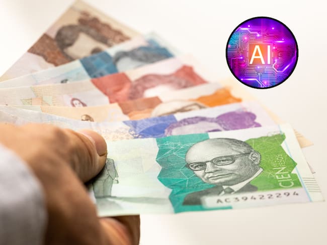 Persona con billetes colombianos en la mano y de fondo las iniciales de Inteligencia Artificial en inglés (Fotos vía Getty Images)
