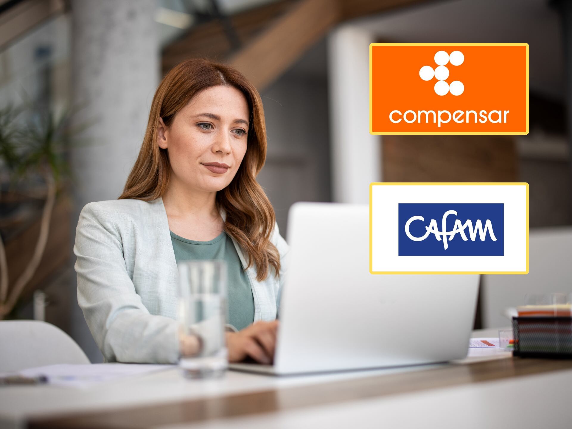 Mujer usando computador. Encima logos de las cajas de compensación Compensar y Cafam (GettyImages / Redes sociales)