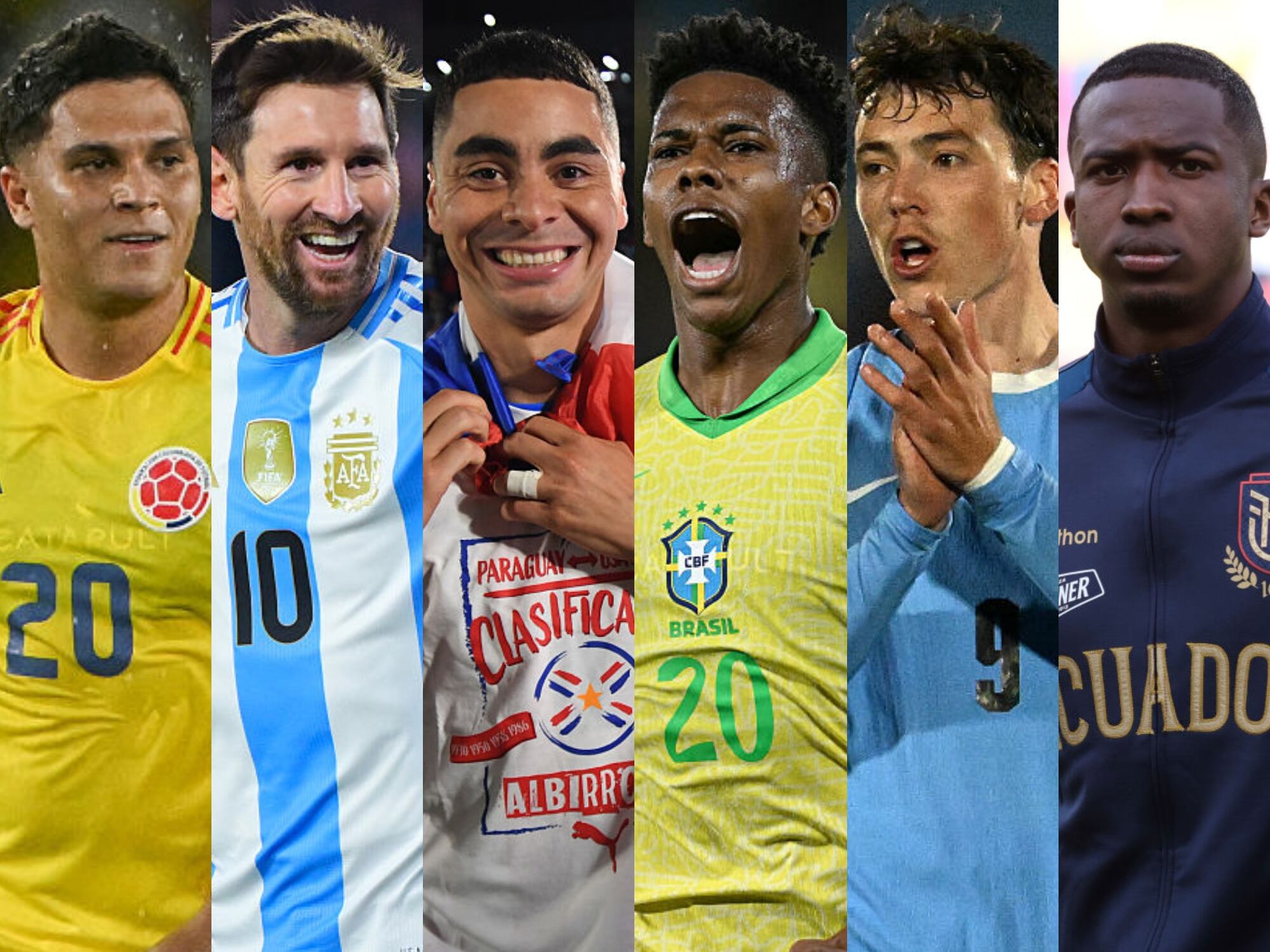 Juan Fernando Quintero, Lionel Messi, Miguel Almirón, Estevao, Matías Viña y Willian Pacho. Fotos: (Photo by LUIS ACOSTA/AFP via Getty Images) / (Photo by Marcelo Endelli/Getty Images) / (Photo by Christian Alvarenga/Getty Images) / (Photo by MAURO PIMENTEL/AFP via Getty Images) / (Photo by EITAN ABRAMOVICH/AFP via Getty Images) / (Photo by Franklin Jacome/Getty Images)