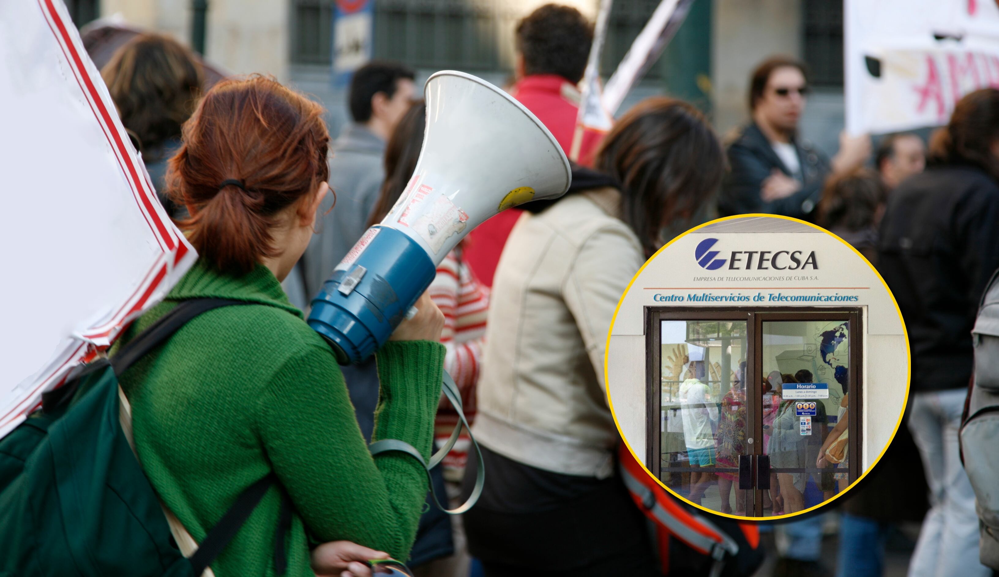 Referencia de protesta y ETECSA (compañía de telecomunicaciones). Foto: Vasiliki y Roberto Machado Noa/LightRocket via Getty Images.
