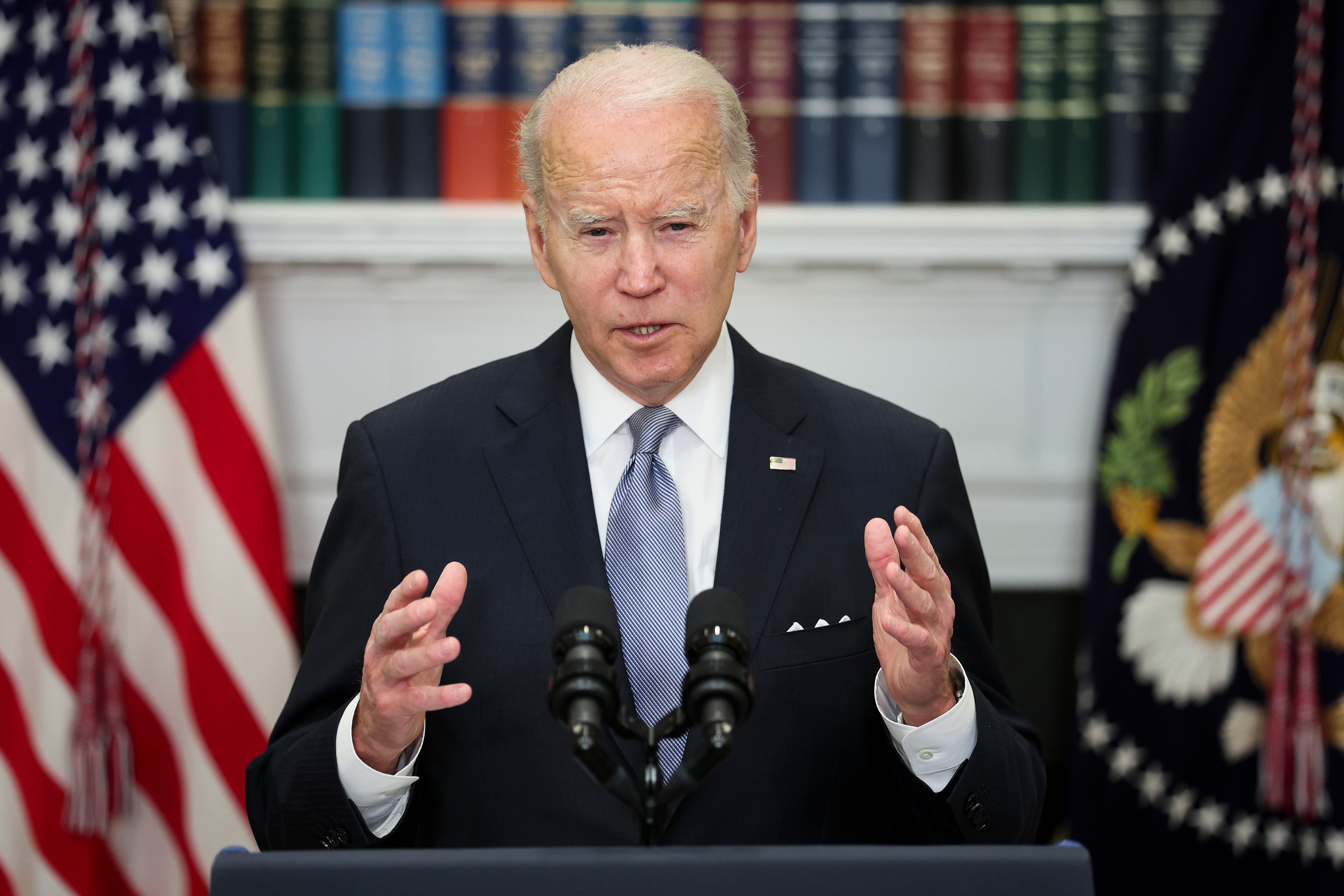 WASHINGTON, DC - APRIL 21: U.S. President Joe Biden delivers remarks on Russia and Ukraine from the Roosevelt Room of the White House on April 21, 2022 in Washington, DC. Biden announced an additional $800 million in military aid to Ukraine, including heavy artillery, drones and ammunition. (Photo by Win McNamee/Getty Images)