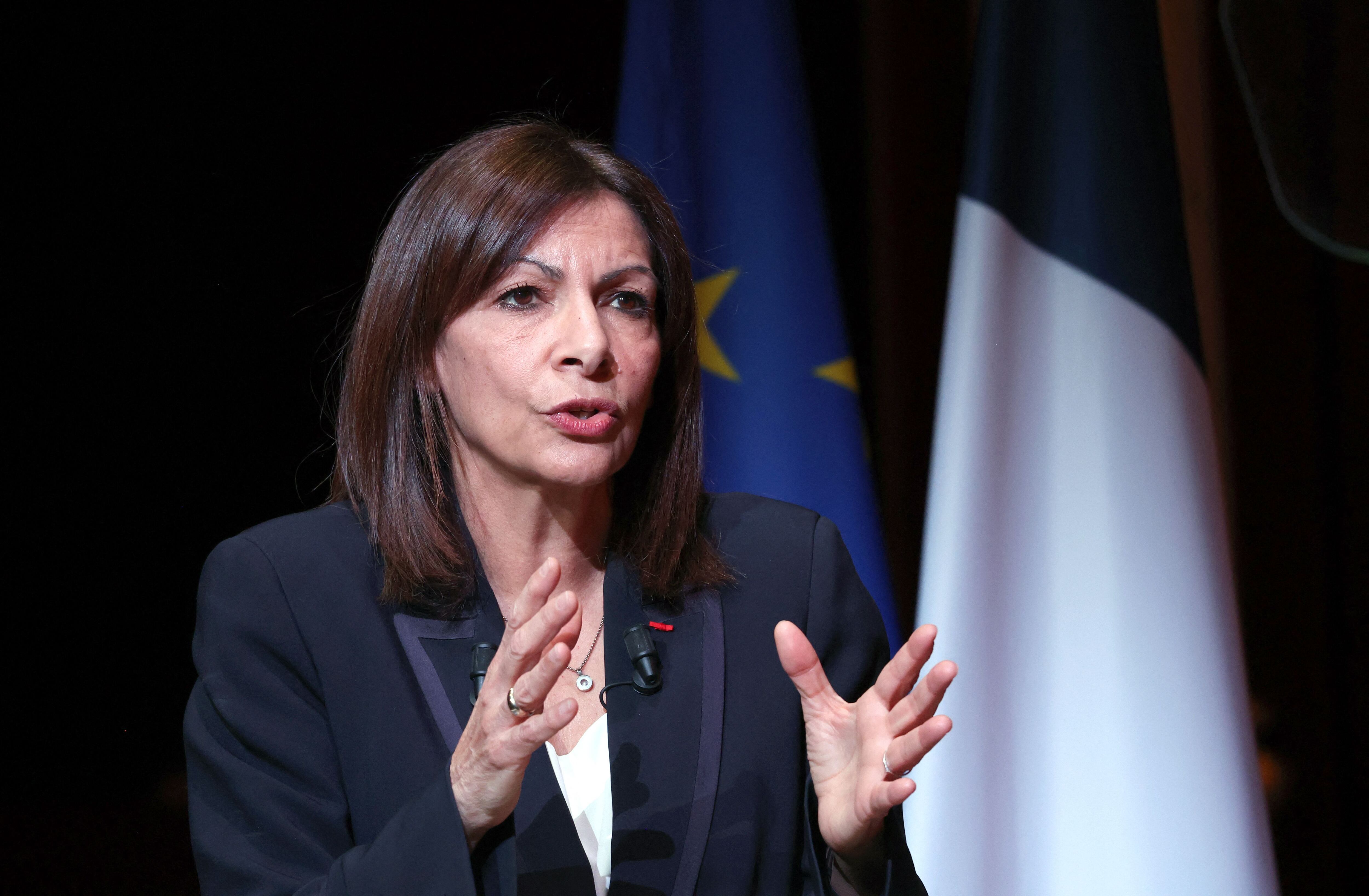 French Socialist Party (PS) presidential candidate Anne Hidalgo delivers a speech during a campaign meeting a week before the first round of France's presidential election, at the Cirque d'Hiver venue in Paris on April 3, 2022. (Photo by Thomas COEX / AFP) (Photo by THOMAS COEX/AFP via Getty Images)