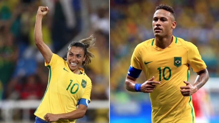 Tanto Marta como Neymar Jr visten el número 10 de la selección brasileña y son las estrellas de sus respectivos equipos. Sin embargo, el descontento con el bajo rendimiento del equipo masculino se con. Foto: BBC Mundo