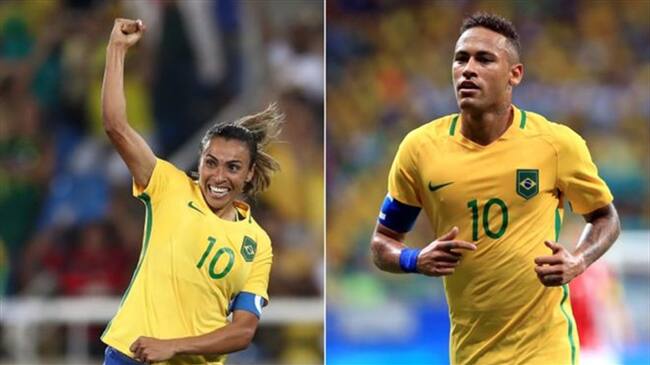 Tanto Marta como Neymar Jr visten el número 10 de la selección brasileña y son las estrellas de sus respectivos equipos. Sin embargo, el descontento con el bajo rendimiento del equipo masculino se con. Foto: BBC Mundo