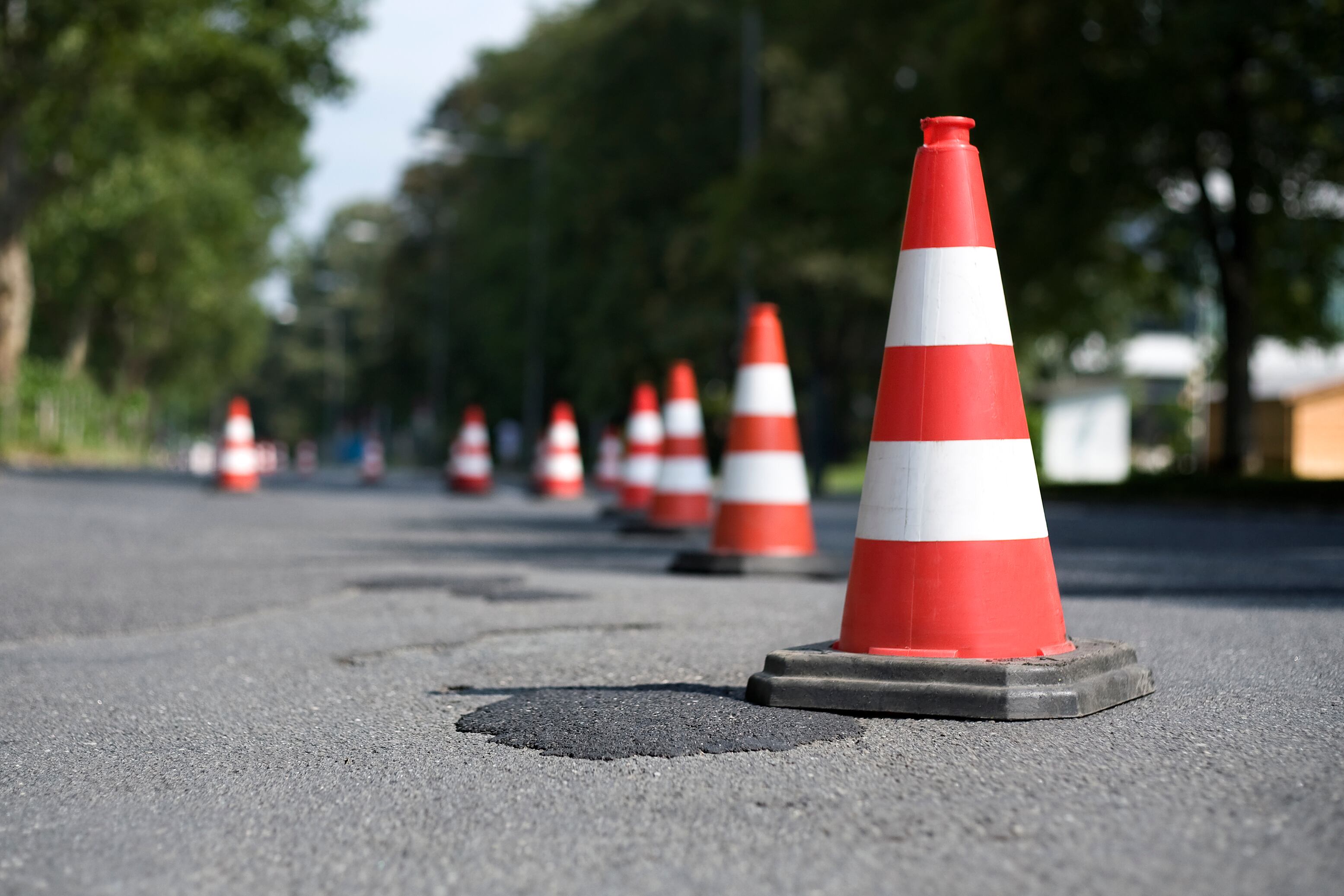 Row of traffic cones - selective focus