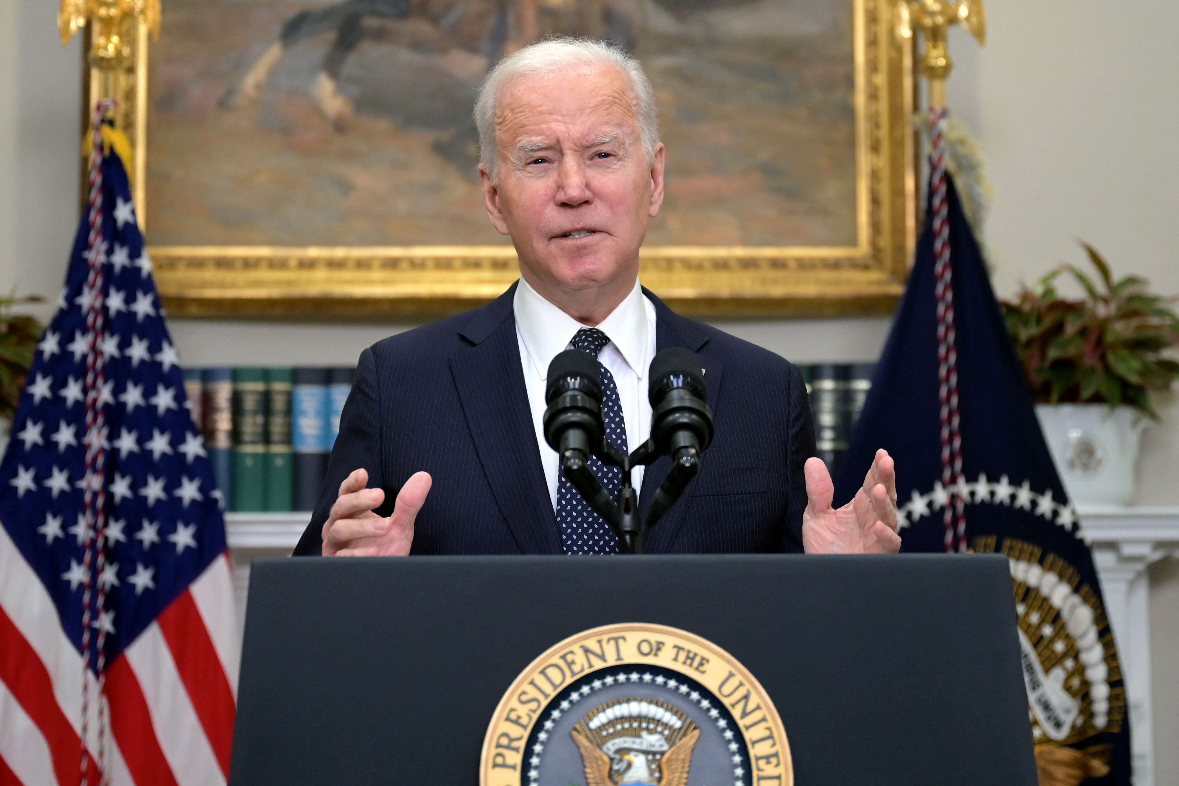 TOPSHOT - US President Joe Biden delivers a national update on the situation at the Russia-Ukraine border at the White House in Washington, DC, February 18, 2022. (Photo by Jim WATSON / AFP) (Photo by JIM WATSON/AFP via Getty Images)