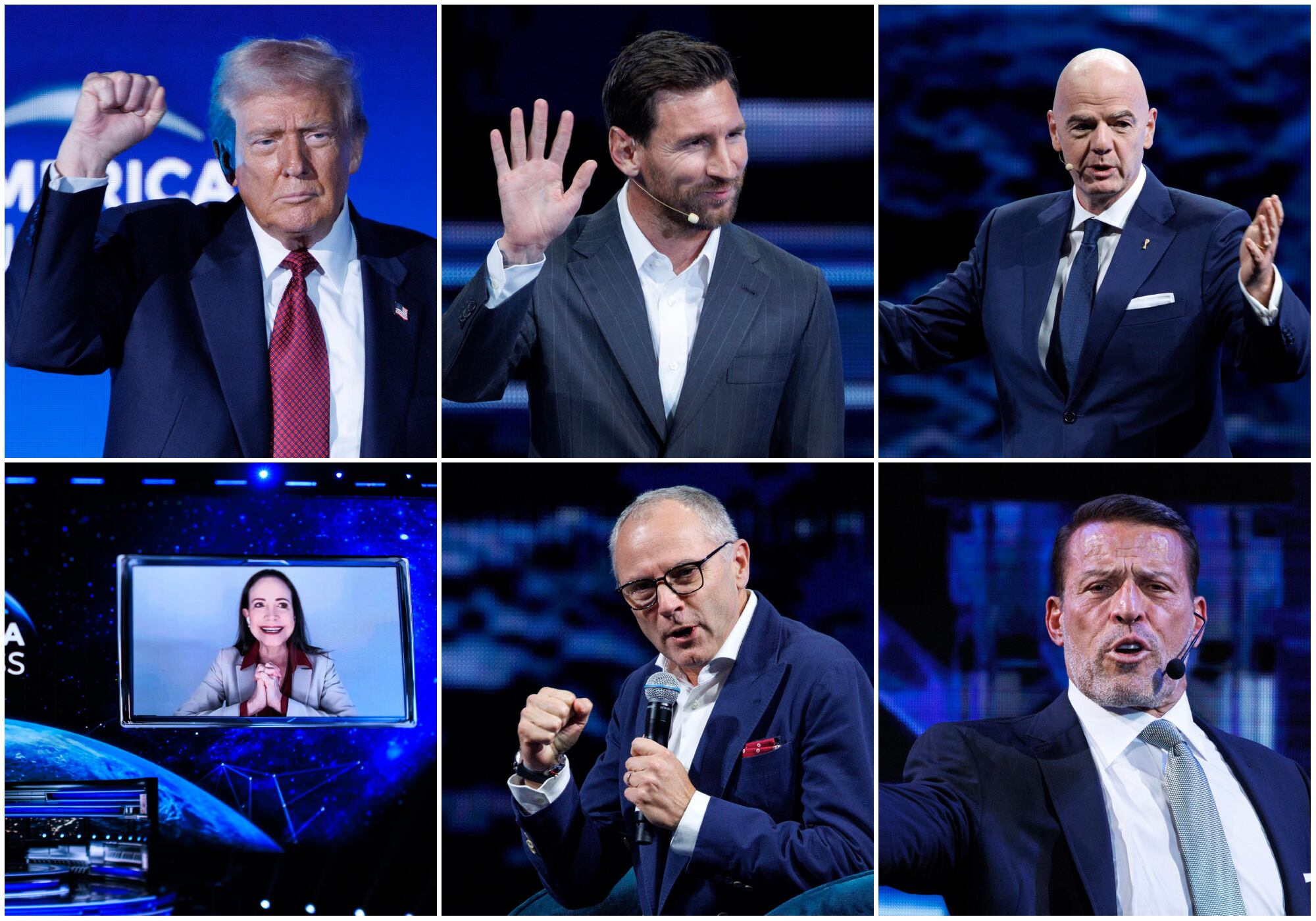 Donald Trump, Lionel Messi, Gianni Infantino, María Corina Machado, Stefano Dmenicali y Tony Robbins fueron algunas de las grandes personalidades que participaron en la edición inaugural del America Business Forum. Foto: EFE.