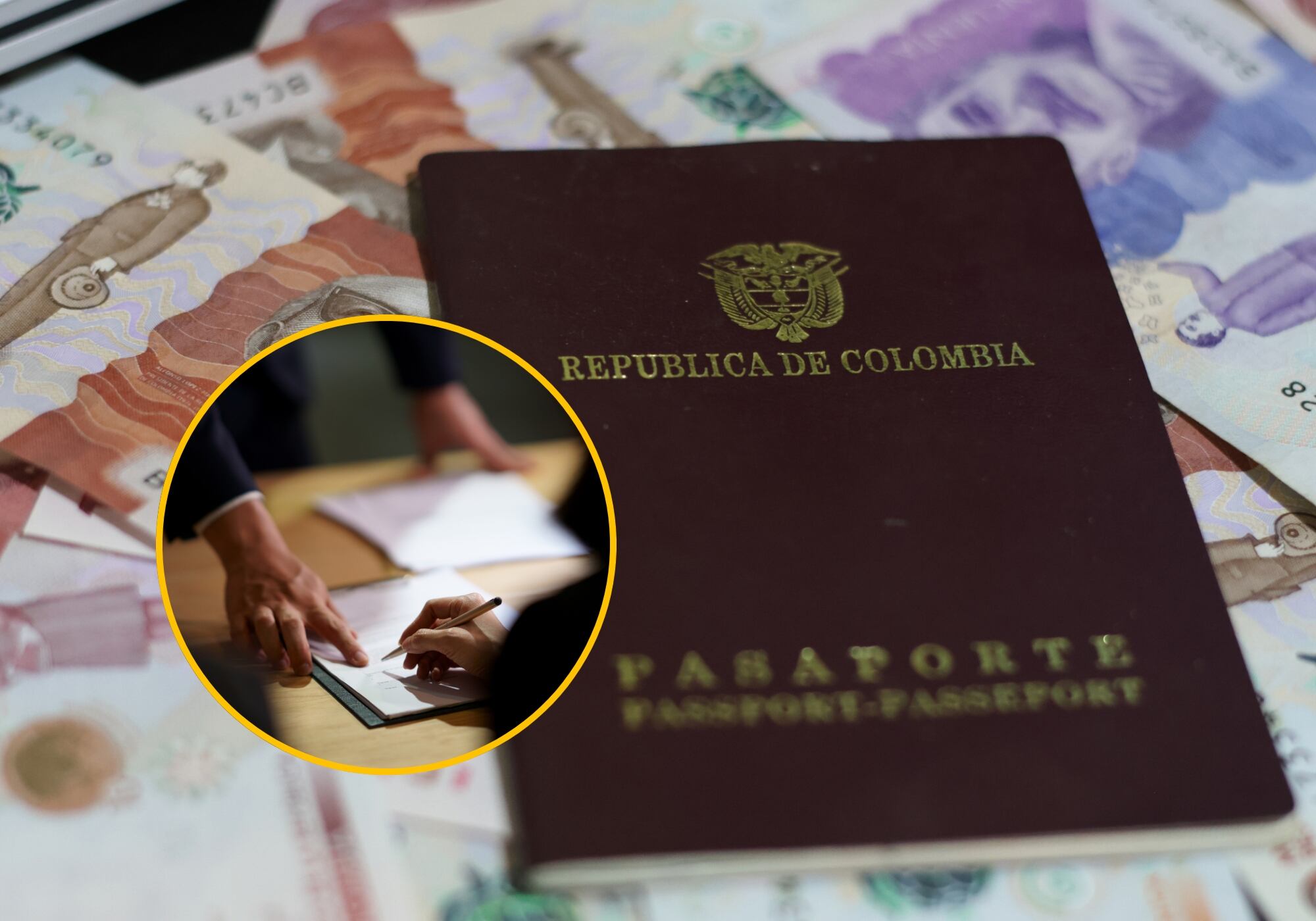 Pasaporte colombiano e imagen de referencia de contrato. Fotos: Getty Images