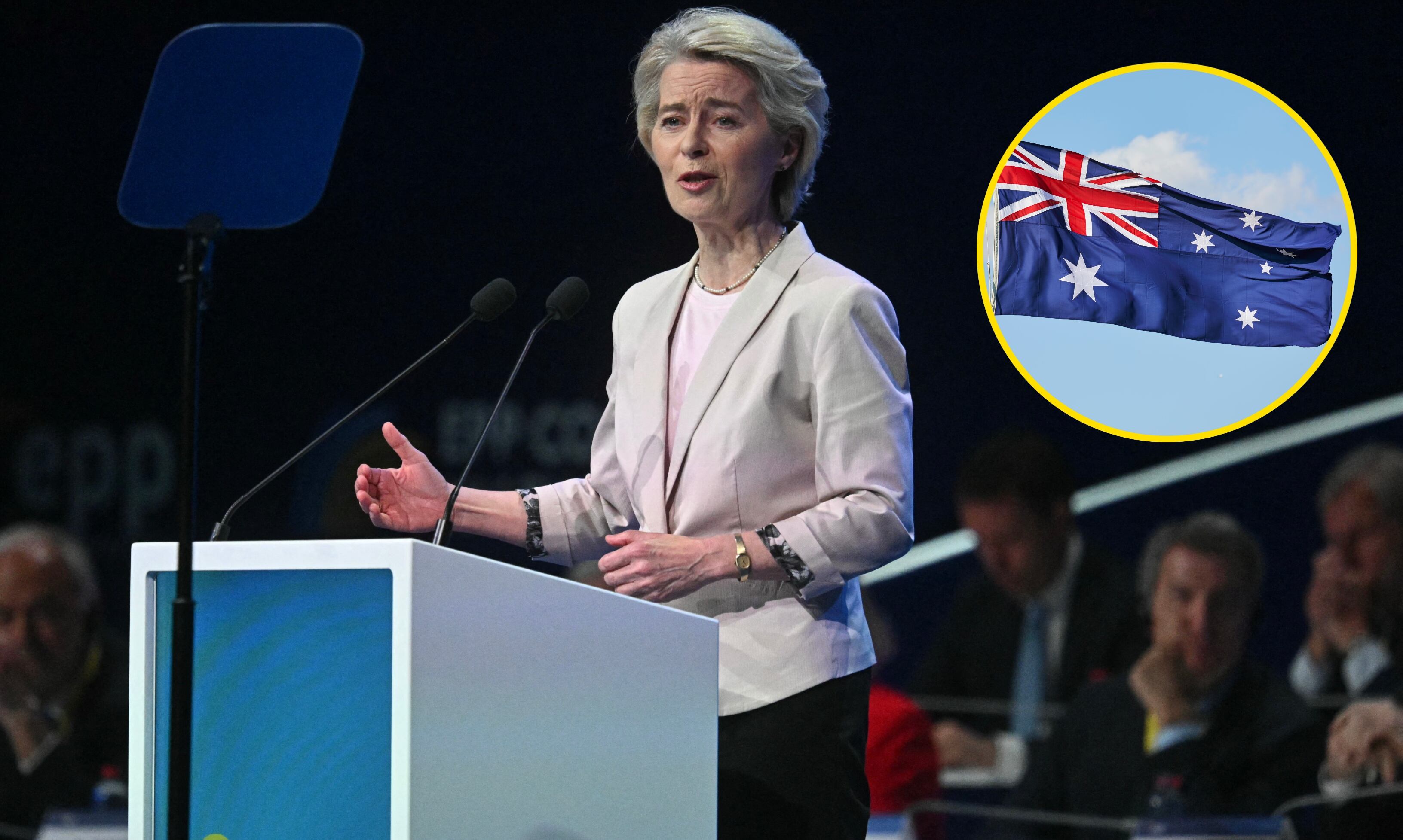 Presidenta de la Comisión Europea, Ursula von der Leyen en un congreso en Valencia, España. FOTO: JOSE JORDAN/AFP via Getty Images)