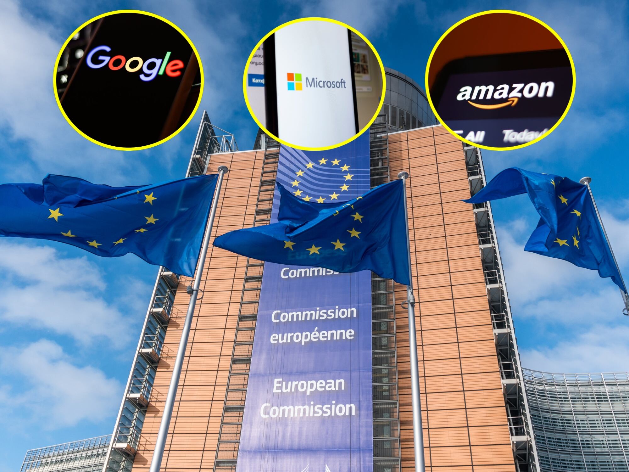 Comisión Europea. I Foto: Getty Images. Logo de Google, Microsoft y Amazon. I Foto: Getty Images.