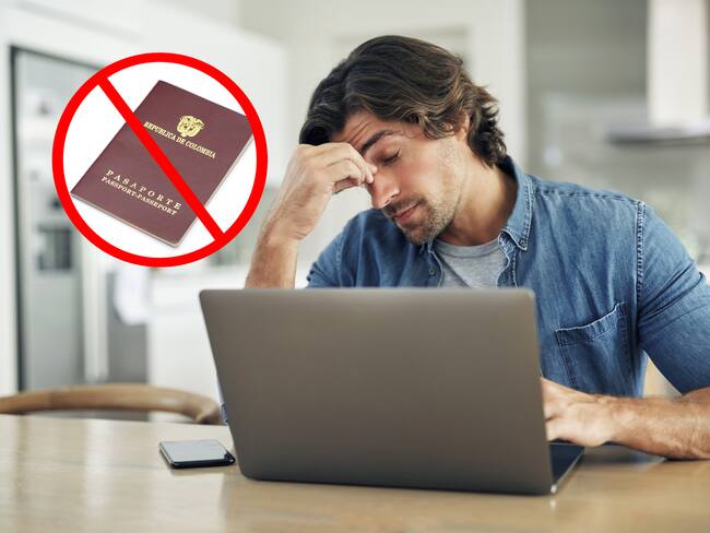 Hombre preocupado frente a su computador portátil. En el círculo, imagen referencia negación pasaporte (GettyImages)