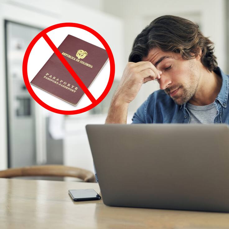 Hombre preocupado frente a su computador portátil. En el círculo, imagen referencia negación pasaporte (GettyImages)