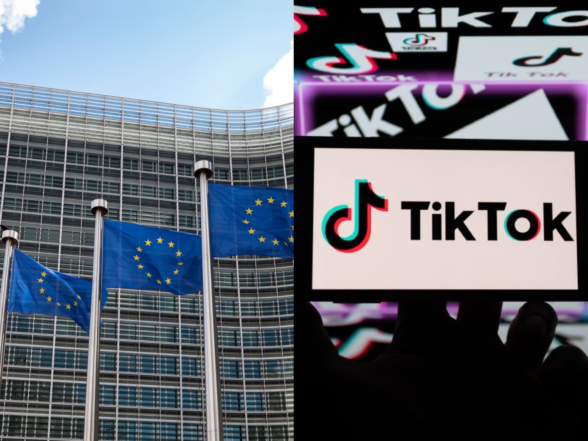 Banderas de la Comisión Europea en Bruselas y logo de TikTok imagenes de referencia. Foto: Getty Images.