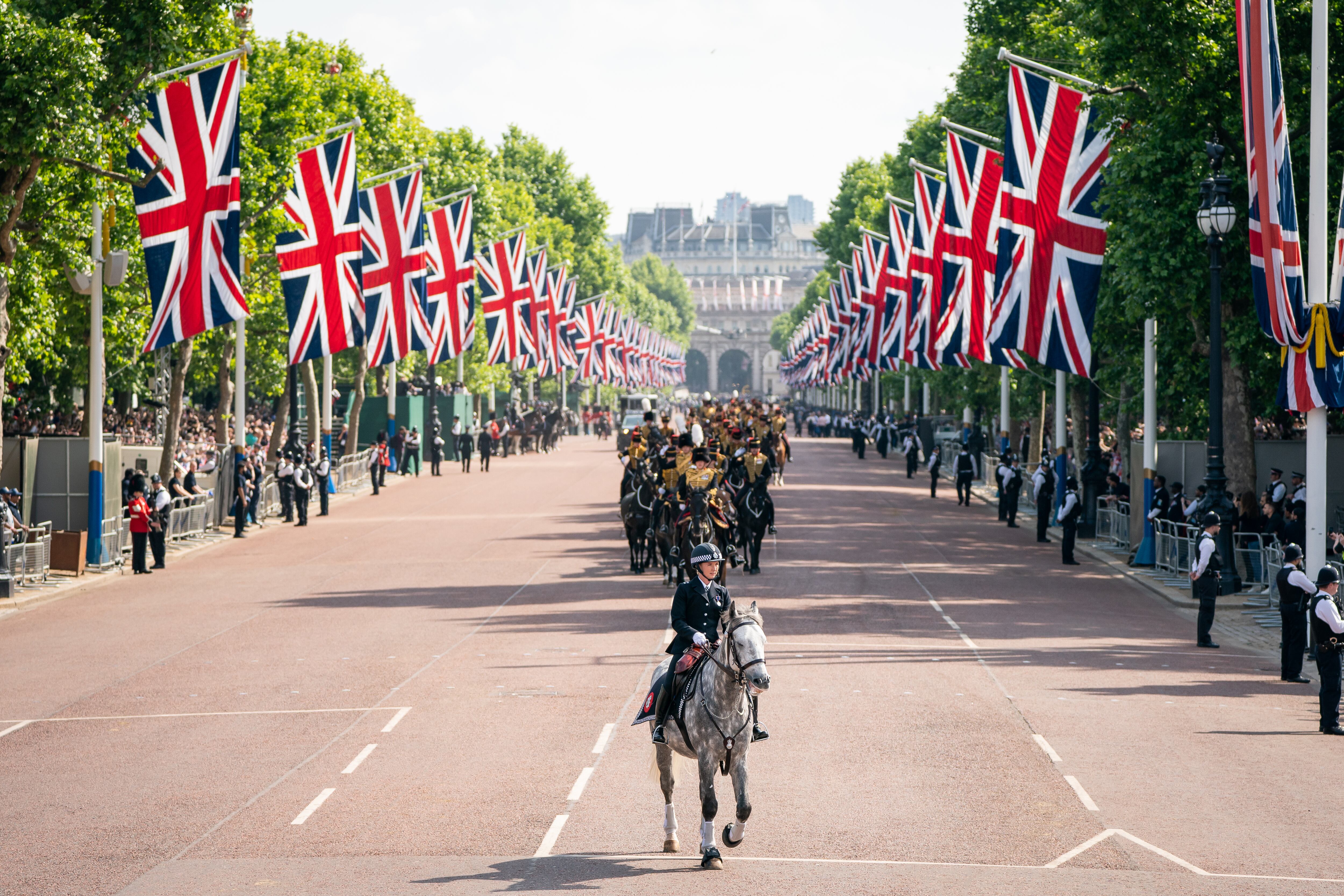 LONDON, ENGLAND - JUNE 02: The Royal Procession leaves Buckingham Palace for the Trooping Trooping the Colour parade on June 2, 2022 in London, England. Trooping The Colour, also known as The Queen's Birthday Parade, is a military ceremony performed by regiments of the British Army that has taken place since the mid-17th century. It marks the official birthday of the British Sovereign. This year, from June 2 to June 5, 2022, there is the added celebration of the Platinum Jubilee of Elizabeth II  in the UK and Commonwealth to mark the 70th anniversary of her accession to the throne on 6 February 1952. (Photo by Aaron Chown - WPA Pool/Getty Images)