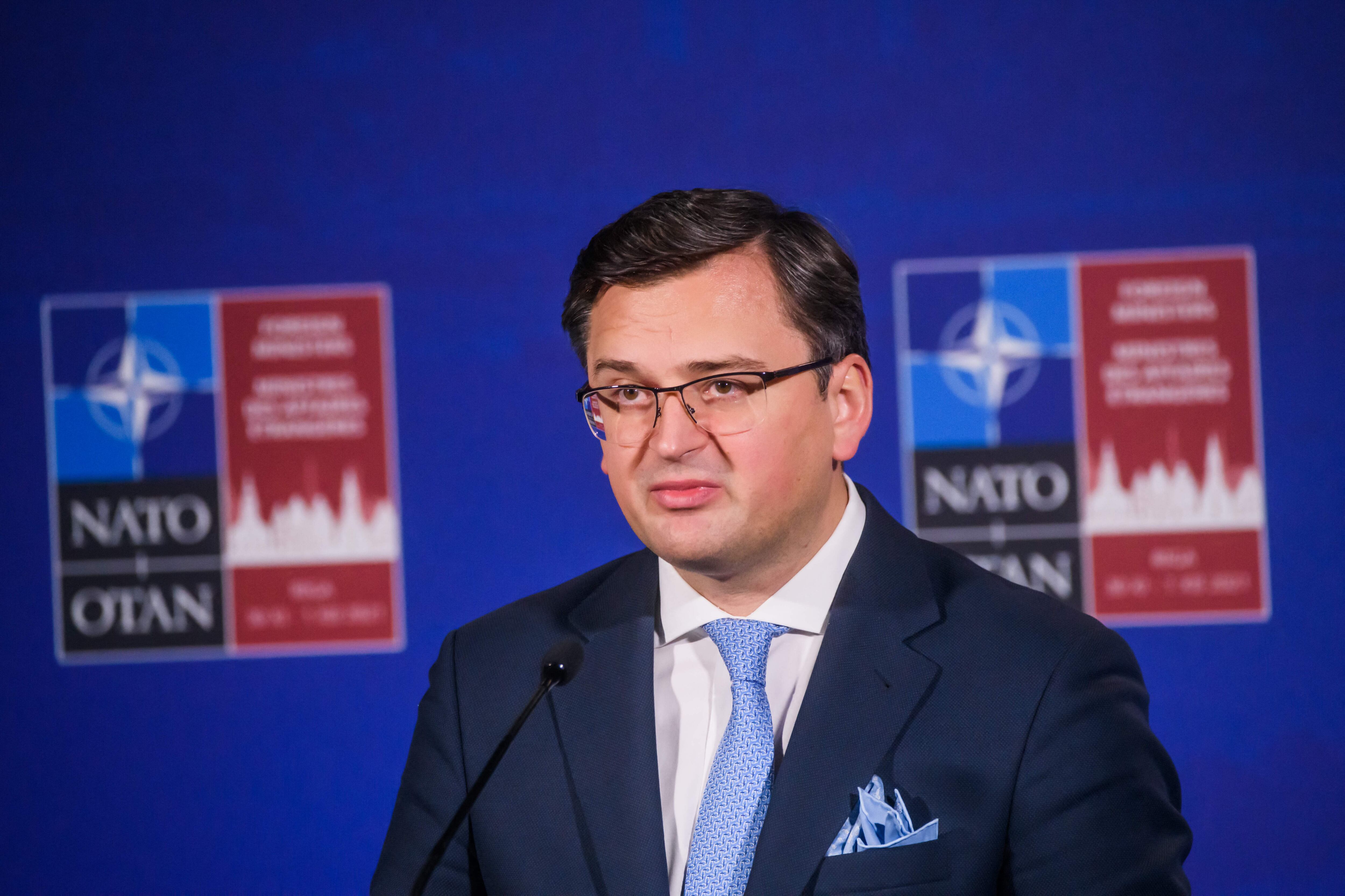 Dmytro Kuleba, Foreign Minister of Ukraine, addresses a press conference at the NATO Foreign Ministers meeting in Riga, Latvia on December 1, 2021. (Photo by Gints Ivuskans / AFP) (Photo by GINTS IVUSKANS/AFP via Getty Images)