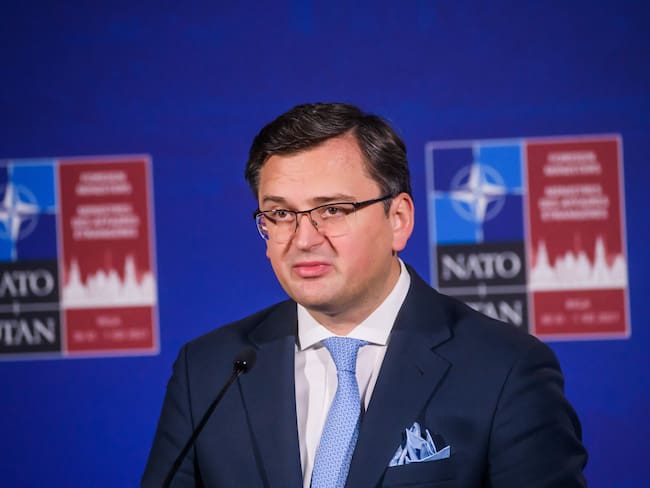 Dmytro Kuleba, Foreign Minister of Ukraine, addresses a press conference at the NATO Foreign Ministers meeting in Riga, Latvia on December 1, 2021. (Photo by Gints Ivuskans / AFP) (Photo by GINTS IVUSKANS/AFP via Getty Images)
