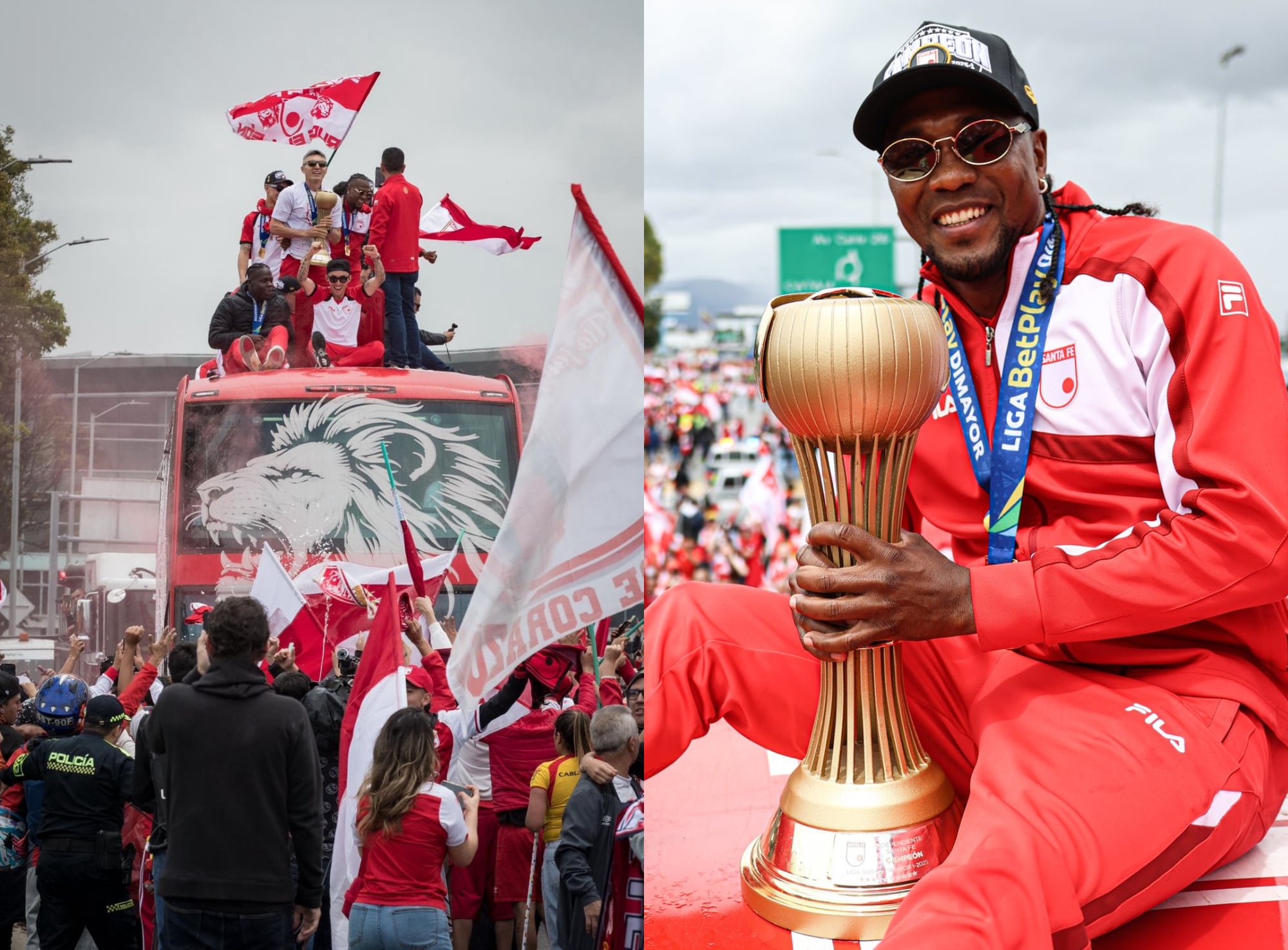Plantel de Santa Fe en Bogotá y Hugo Rodallega. Fotos: X @GobiernoBTA / @SantaFe