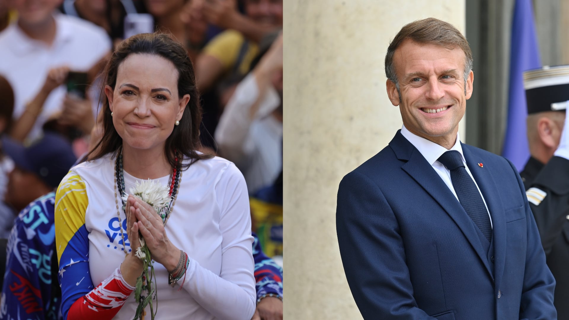 María Corina Machado, activista venezolana, Emmanuel Macron, presidente de Francia. Foto: Jesus Vargas/picture alliance via Getty Images/Daniel Pier/NurPhoto via Getty Images