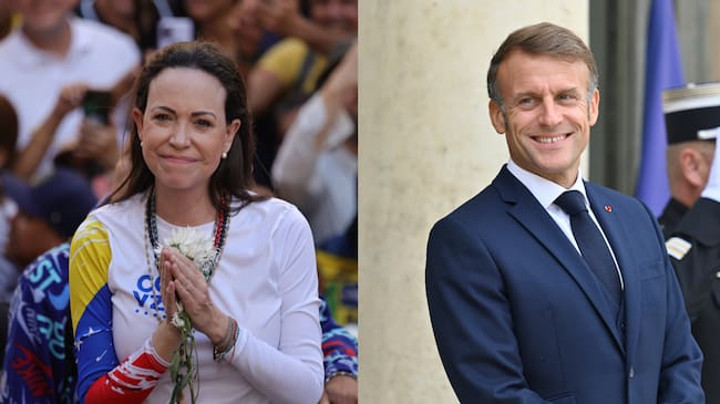 María Corina Machado, activista venezolana, Emmanuel Macron, presidente de Francia. Foto: Jesus Vargas/picture alliance via Getty Images/Daniel Pier/NurPhoto via Getty Images