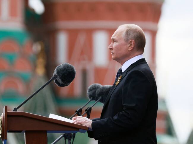 Russian President Vladimir Putin gives a speech during the Victory Day military parade at Red Square in central Moscow on May 9, 2022. - Russia celebrates the 77th anniversary of the victory over Nazi Germany during World War II. (Photo by Mikhail METZEL / SPUTNIK / AFP) (Photo by MIKHAIL METZEL/SPUTNIK/AFP via Getty Images)