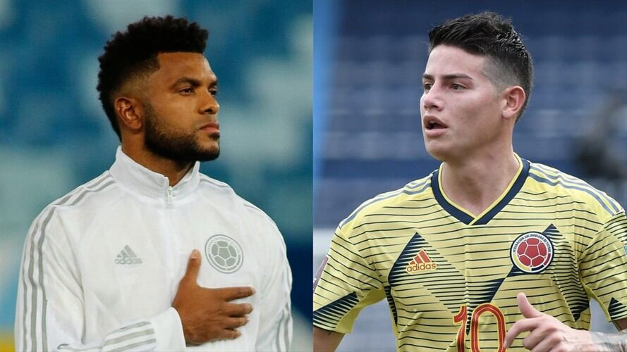 Jugadores de la Selección Colmbia Miguel Ángel Borja y James Rodríguez. Foto: Miguel Schincariol/Getty Images - Gabriel Aponte/Getty Images