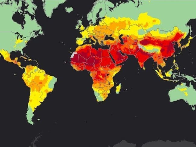 Las zonas más afectadas por la contaminación del aire son aquellas pintadas de rojo. Foto: ORGANIZACIÓN MUNDIAL DE LA SALUD. Tomada de BBC Mundo.