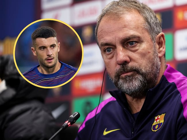 Hansi Flick, entrenador del FC Barcelona, en una rueda de prensa, el 15 de diciembre de 2025, y Joan García, portero español. FOTO: Javier Borrego/Europa Press y Alex Caparros vía Getty Images.