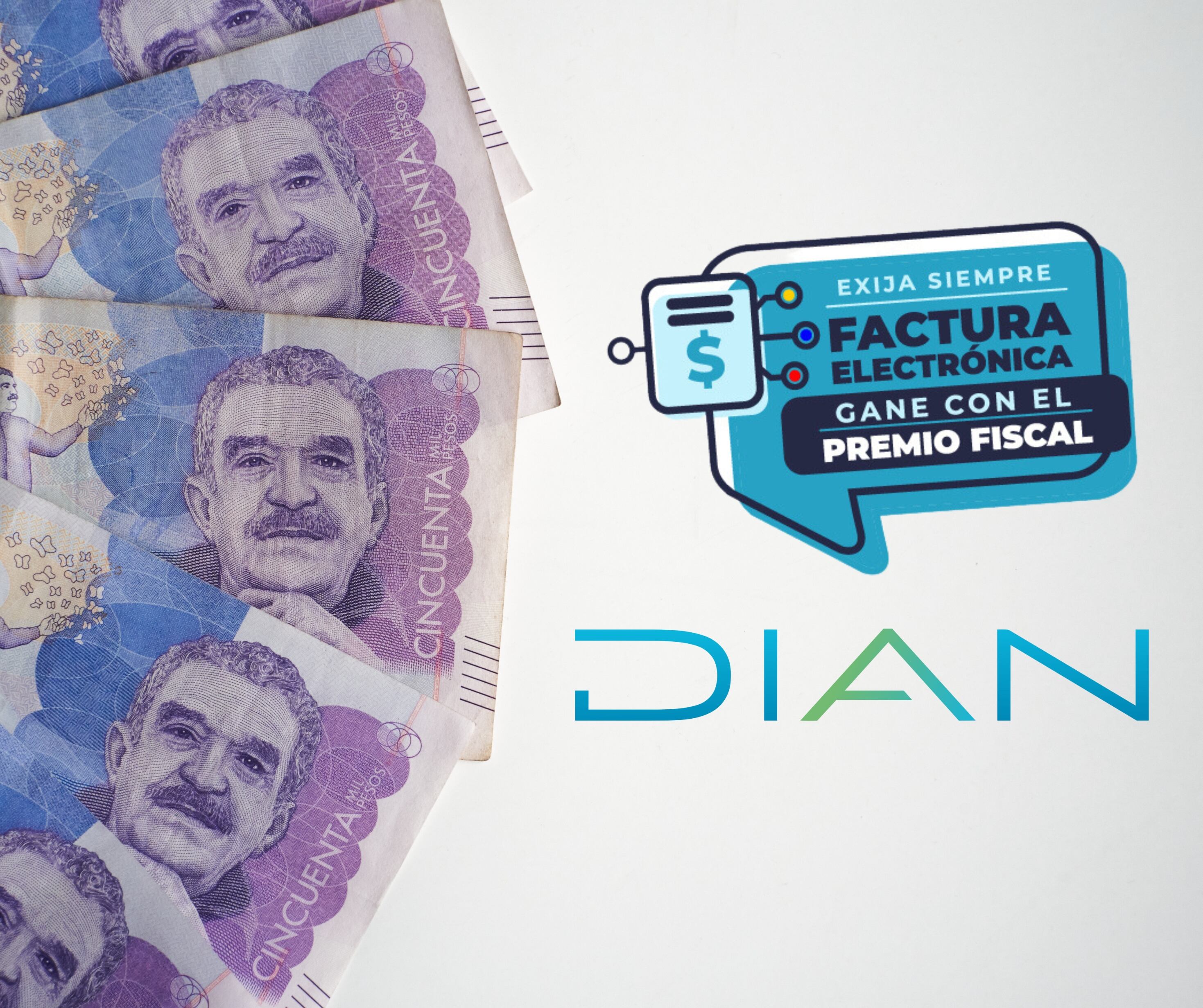 Baraja de billetes colombianos en una superficie y logo de la DIAN (Getty Images)