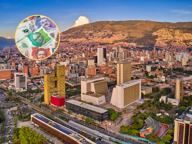 Vista panorámica de la ciudad de Medellín, Colombia. En el círculo, la imagen de billetes colombianos (Fotos vía GettyImages)