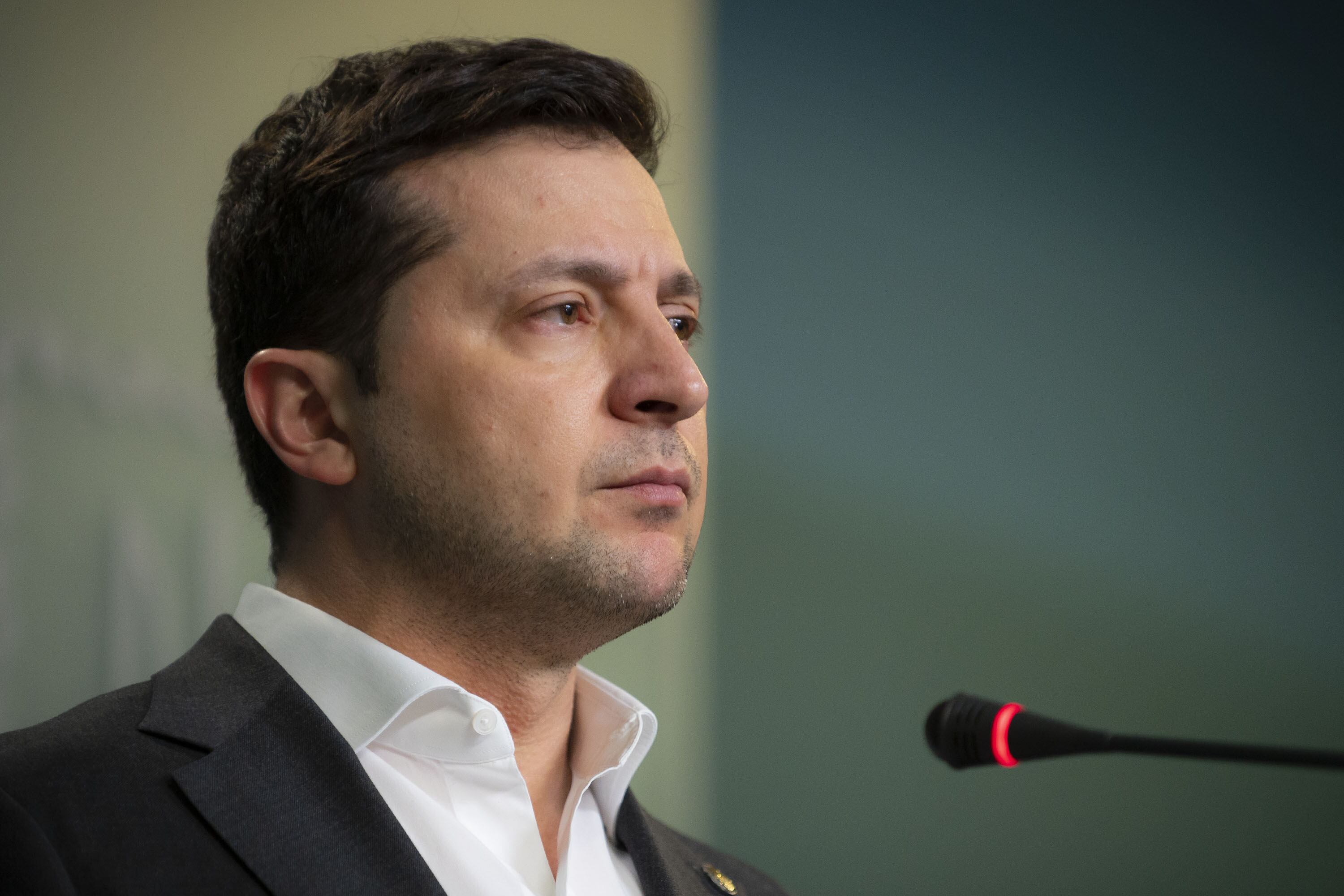 KIEV, UKRAINE - FEBRUARY 24: (----EDITORIAL USE ONLY â MANDATORY CREDIT - "UKRAINIAN PRESIDENCY / HANDOUT" - NO MARKETING NO ADVERTISING CAMPAIGNS - DISTRIBUTED AS A SERVICE TO CLIENTS----) President of Ukraine Volodymyr Zelenskyy holds a press conference in regard of Russia's attack on Ukraine in Kiev, Ukraine on February 24, 2022. (Photo by Ukrainian Presidency/Handout/Anadolu Agency via Getty Images)