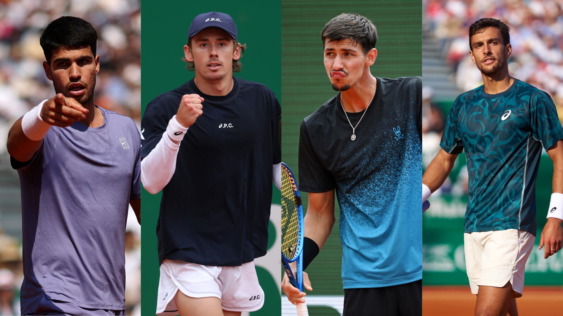 Carlos Alcaraz. Foto: Clive Brunskill/Getty Images - Alex de Minaur. Foto: Clive Brunskill/Getty Images - Alejandro Davidovich. Foto: Photo by Neal Simpson via Getty Images - Lorenzo Musseti. Foto: Mateo Villalba/Getty Images