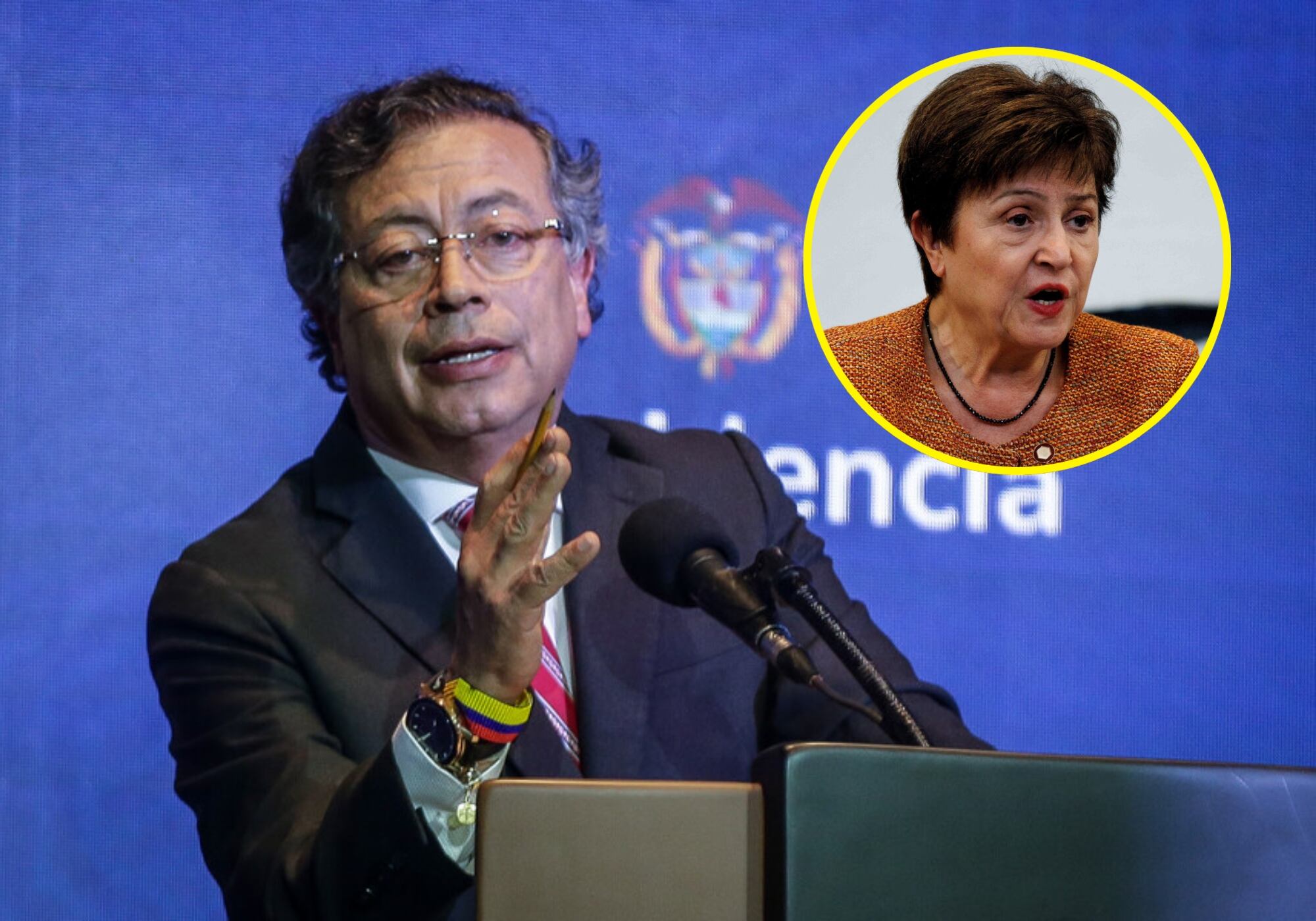 Gustavo Petro y Kristalina Georgieva. Foto: Colprensa y Getty Images.