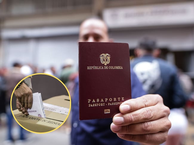Hombre sosteniendo el pasaporte colombiano. En el círculo, una persona votando en las Elecciones Territoriales 2023 / Fotos: Colprensa