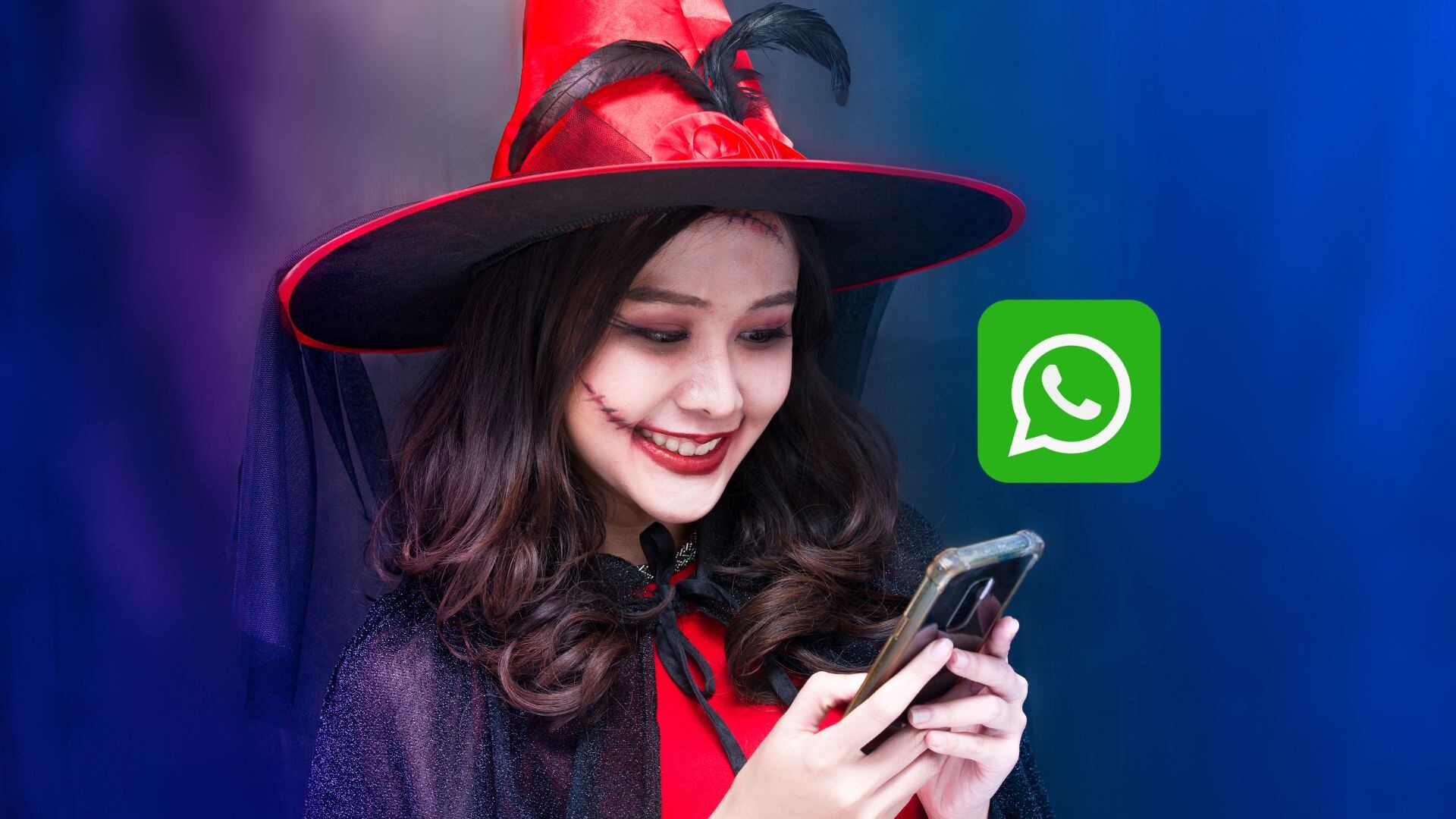 De fondo, una mujer disfrazada de bruja utiliza su celular para enviar mensajes de texto. Encima el logo de WhatsApp / Fotos: GettyImages y redes sociales