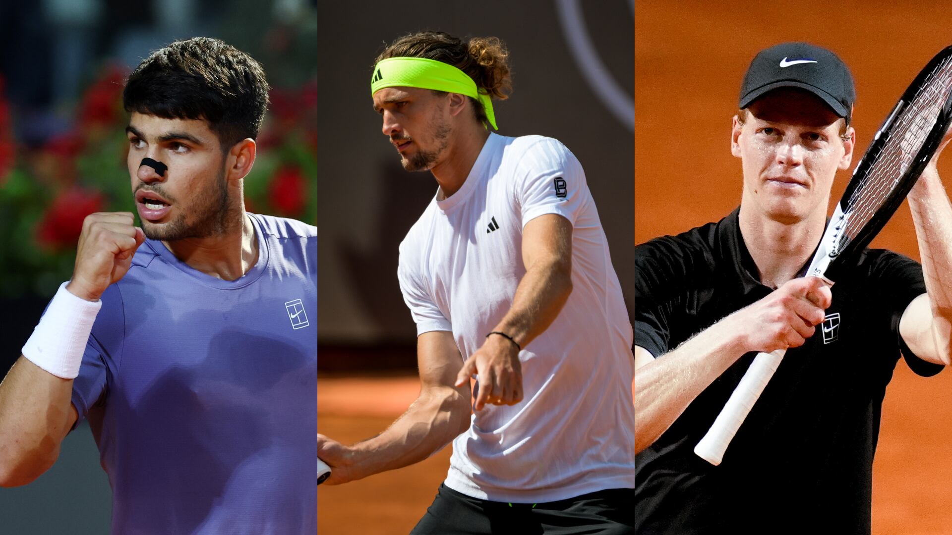 Carlos Alcaraz. Foto: Dan Istitene/Getty Images - Alexander Zverev. Foto:  Silvia Lore/Getty Images - Jannik Sinner. Foto: Giuseppe Maffia/NurPhoto via Getty Images