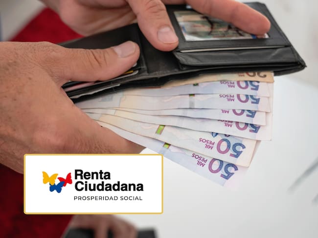 Billetes colombianos de 50 mil pesos. Encima, el logo de Renta Ciudadana (Fotos vía GettyImages y redes sociales)